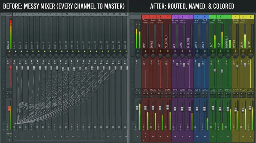 Before and after view of a messy FL Studio mixer cleaned up by AI routing