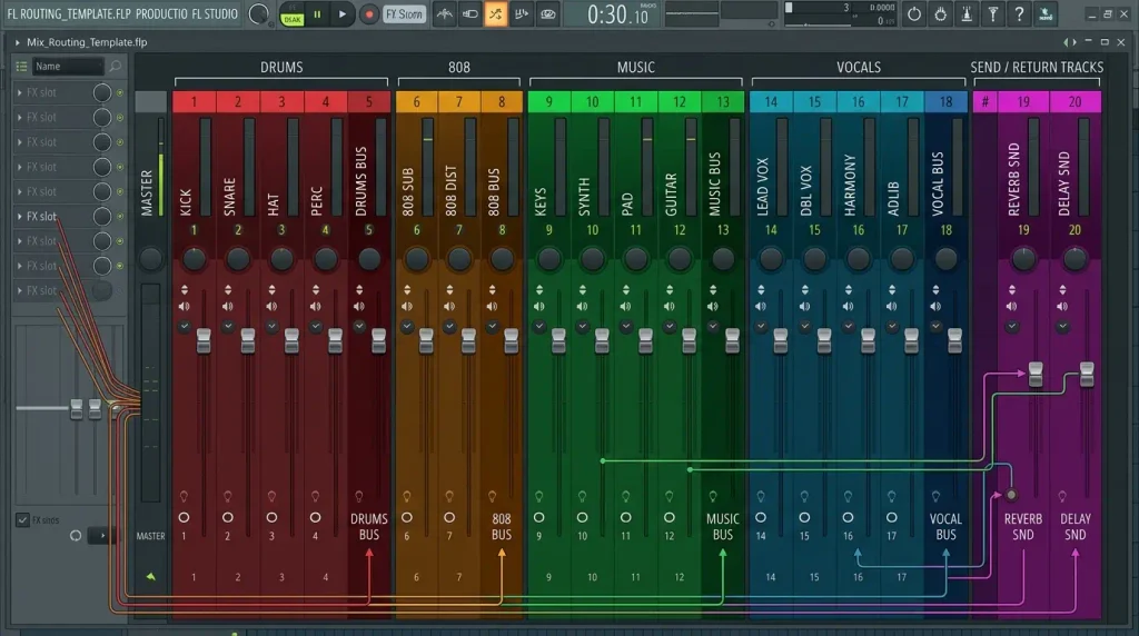 FL Studio Gopher AI beat template with drum, 808, music and vocal buses