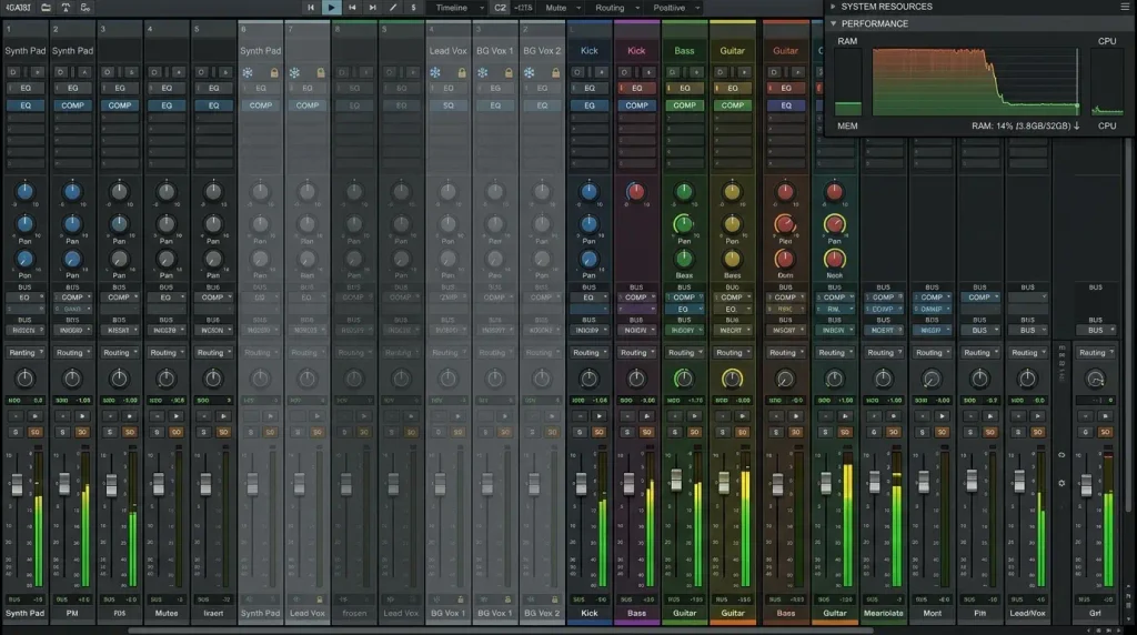 Frozen DAW tracks freeing memory on a 16GB studio computer
