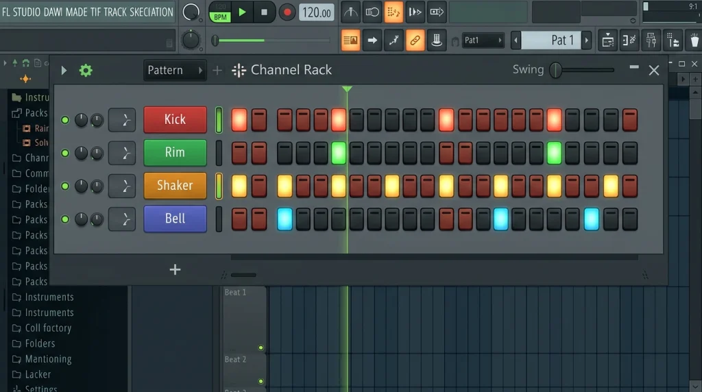 Fuji Afrobeat drum pattern in a step sequencer with kick, rim, shaker and bell