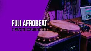 "Fuji Afrobeat production setup with talking drum, sakara drums and a DAW