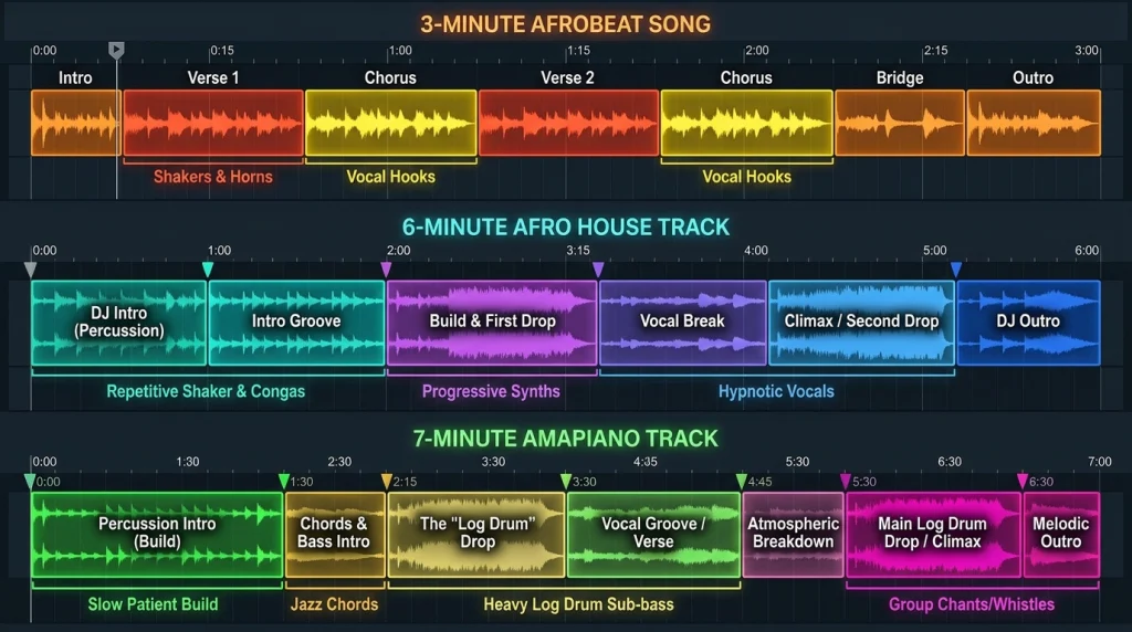 Arrangement length comparison for radio songs and DJ-friendly club tracks
