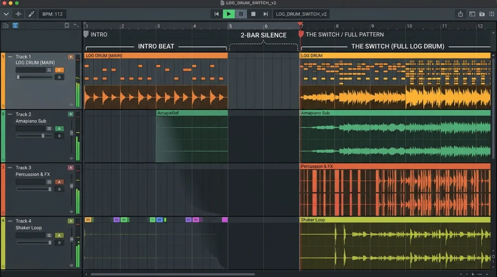 Log drum switch with a short silence before the drop in a short amapiano song