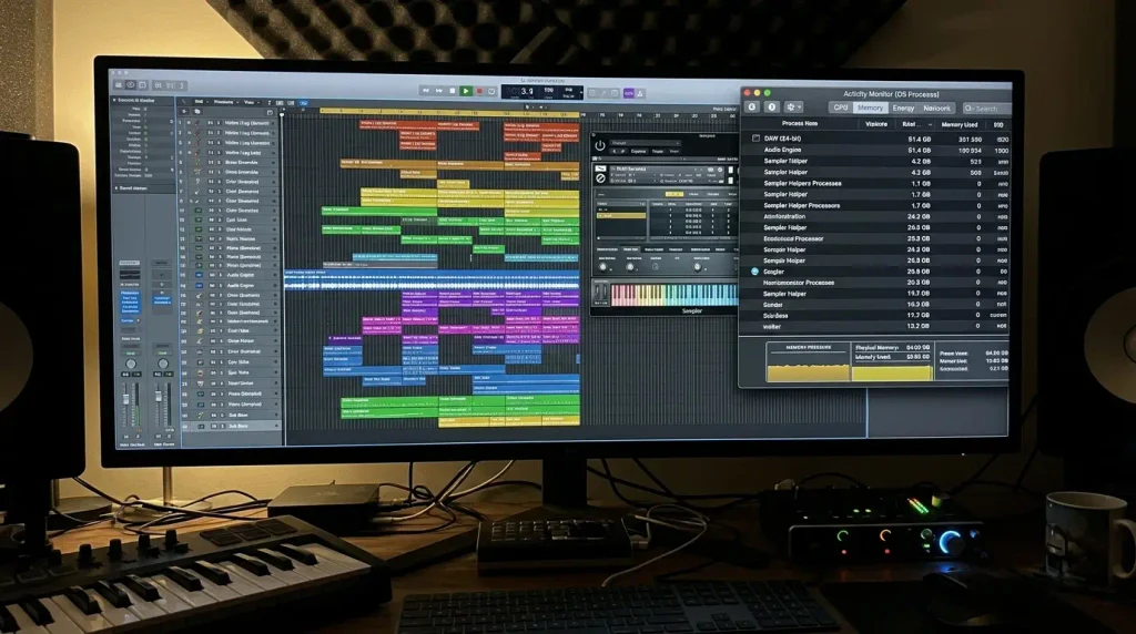 Music production computer memory usage during a sample-heavy DAW session
