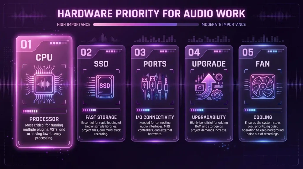 Infographic ranking the five computer specs that matter most for recording and mixing
