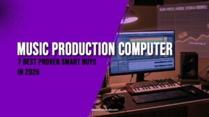 Music production computer under $1,000 on a compact home studio desk