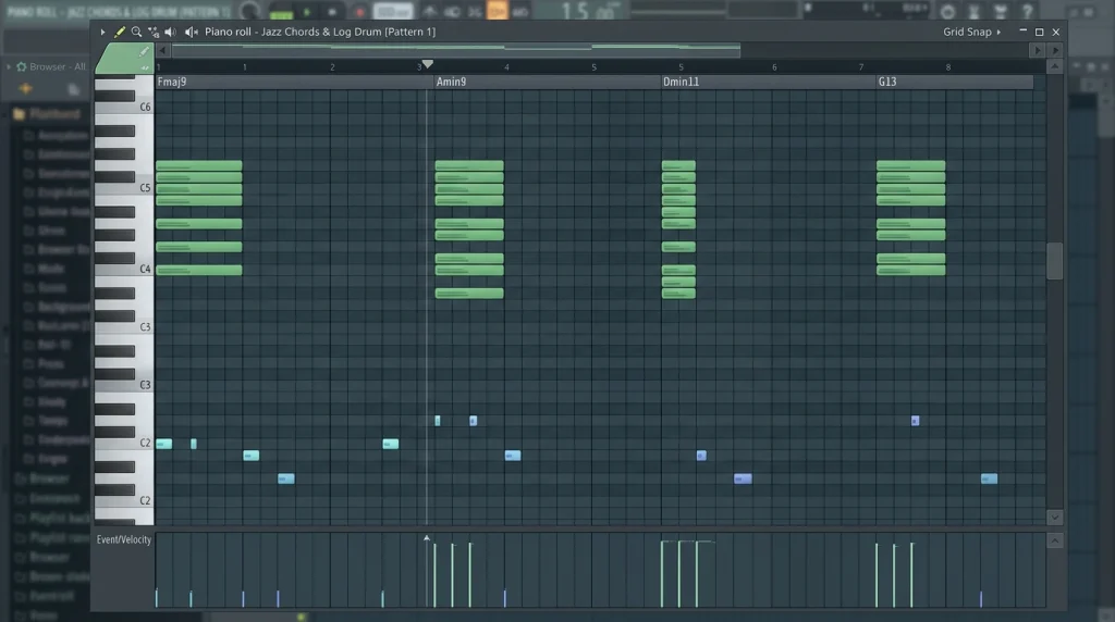 Private School Piano chords and soft log drum in a piano roll