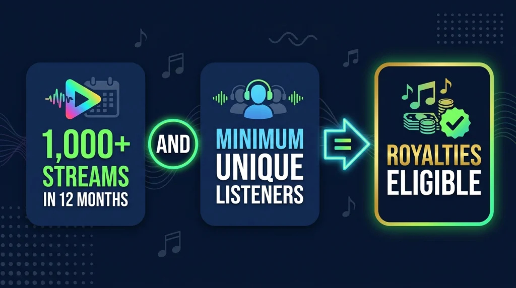 Spotify 1000 stream rule infographic showing stream and unique listener requirements