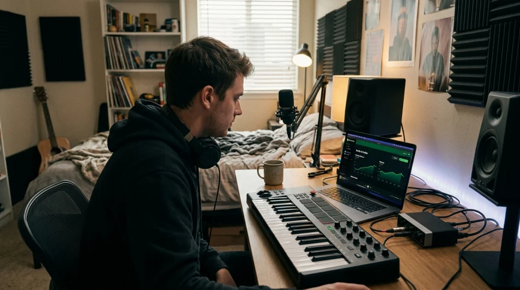 Independent producer checking catalog stream counts in Spotify for Artists dashboard
