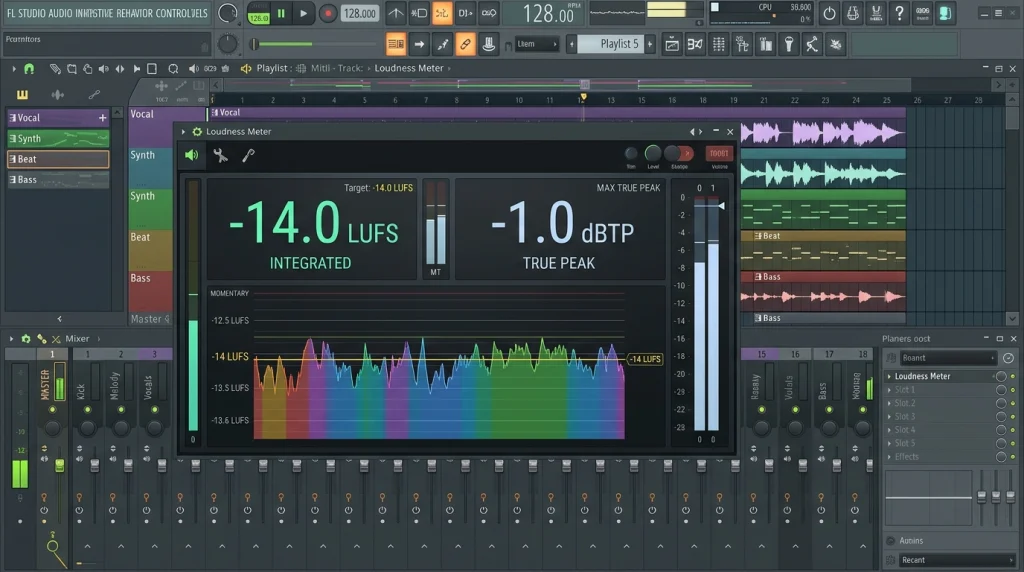 Loudness meter showing -14 LUFS and -1 dB true peak for streaming