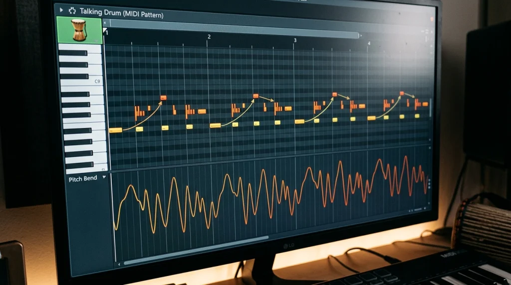 Talking drum programmed in a piano roll with pitch bend slides